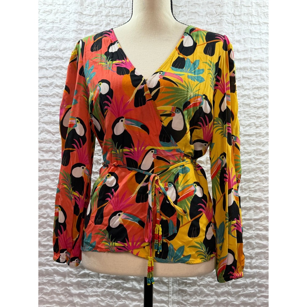 Farm Rio for Anthropologie Toucan Print Wrap Top Orange Yellow Beaded Tassel XS